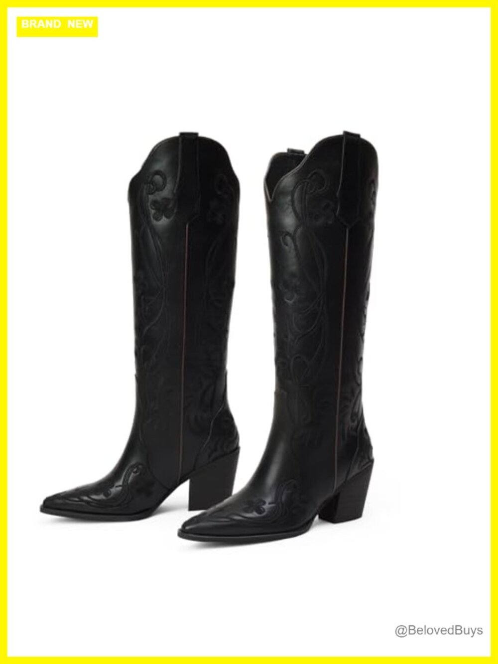 Women's Vintage Cowgirl Boots Knee High Faux Leather Embroidered Floral Block